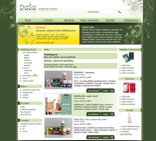 E-shop, tvorba e-shopu: umeleckepotreby.cz