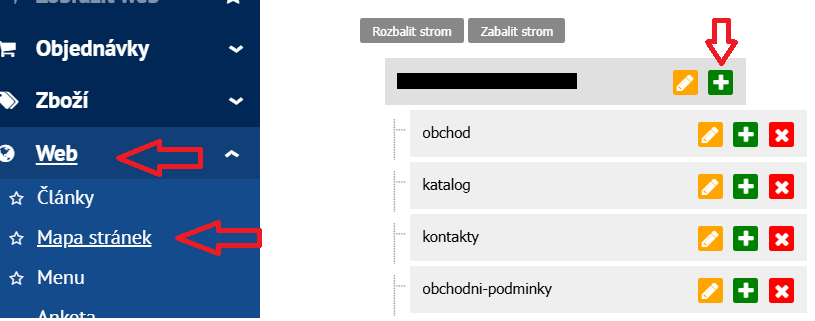 Mapa stránek v administraci Sunlight, vytvoření podstránky Vrácení zboží