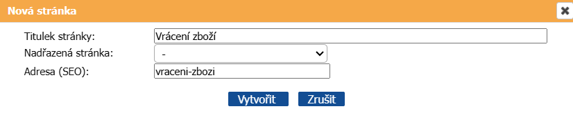 Zadání nadpisu nové podstránky Vrácení zboží v Sunlightu