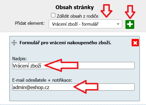 Nastavení elementu formuláře pro odstoupení od smlouvy na stránce