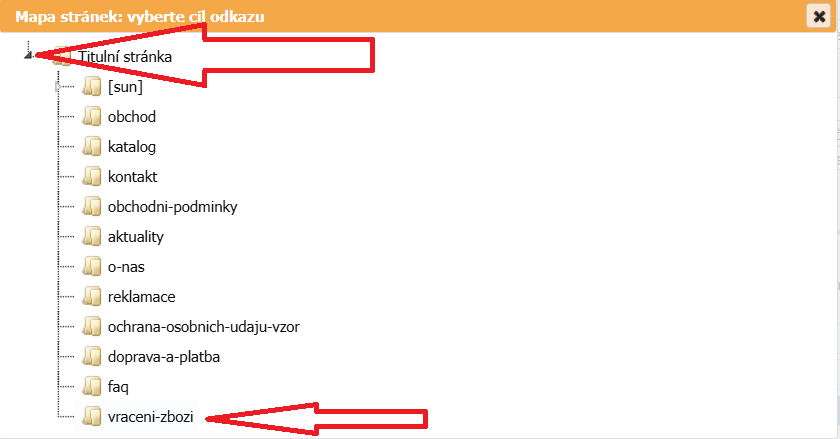 Výsledný odkaz Vrácení zboží zobrazený v hlavním menu e-shopu Sunlight